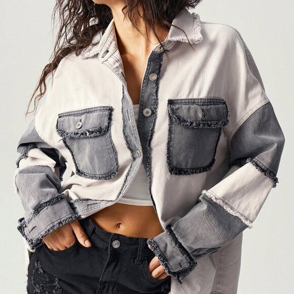 Casual Women's Patchwork Long Sleeve Loose Fit shacket Jacket - Picture 1 of 7